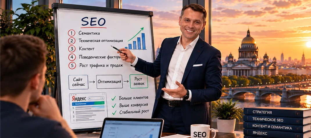 Анатолий Кузнецов объясняет ученику этапы SEO-продвижения у флипчарта
