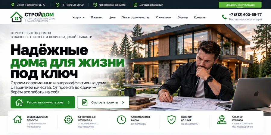 Сайт строительства домов — пример главной страницы