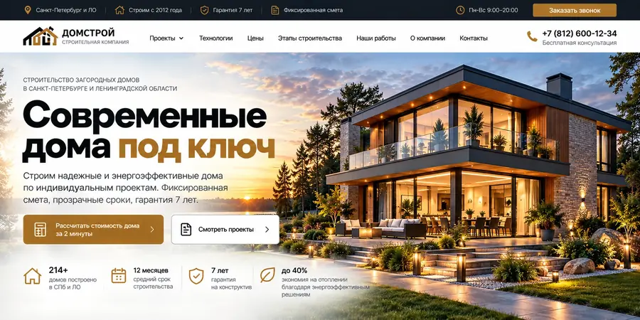 Сайт загородного строительства — пример главной страницы