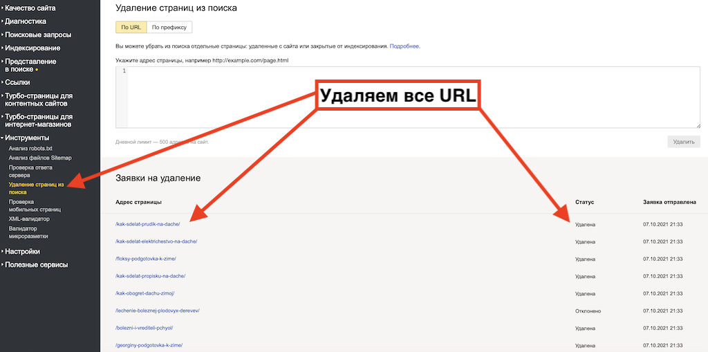 Удаление страниц без трафика из поиска Яндекс