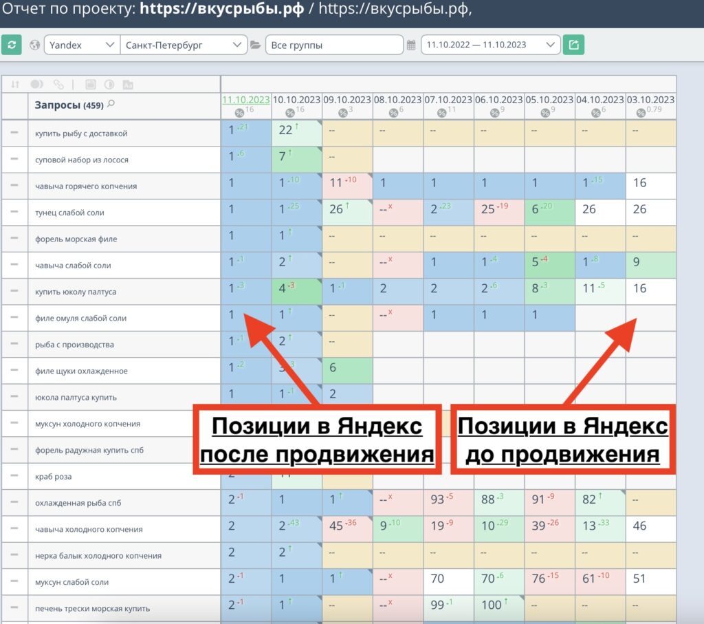 Позиции сайта до и после продвижения