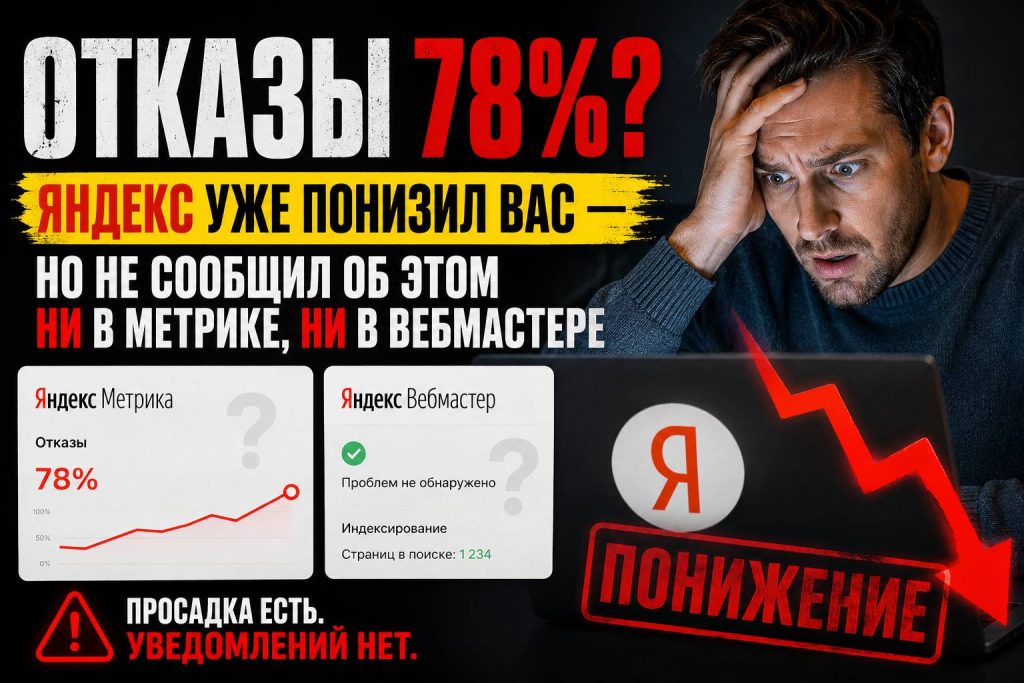 Отказы 78%? Яндекс уже понизил вас — но не сообщил об этом ни в Метрике, ни в Вебмастере