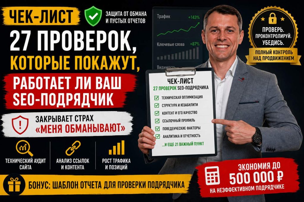 чек-лист «27 проверок, которые покажут, работает ли ваш SEO-подрядчик» — закрывает страх «меня обманывают»