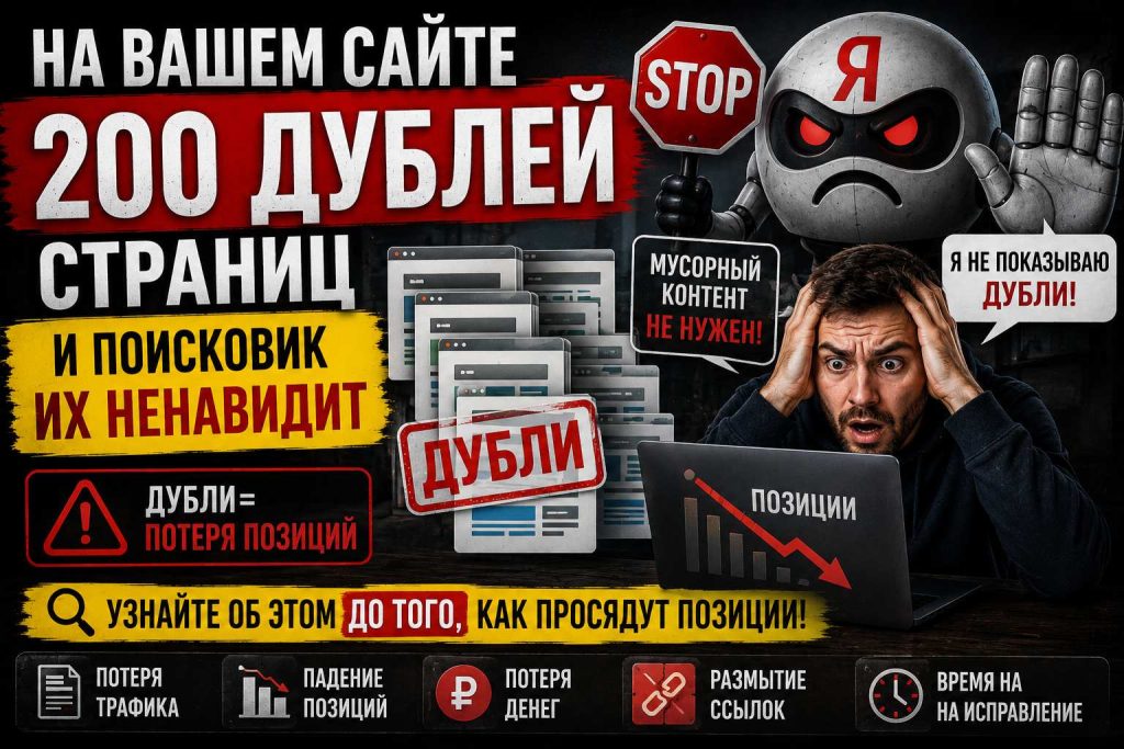 На вашем сайте 200 дублей страниц, и поисковик их ненавидит. Узнайте об этом до того, как просядут позиции