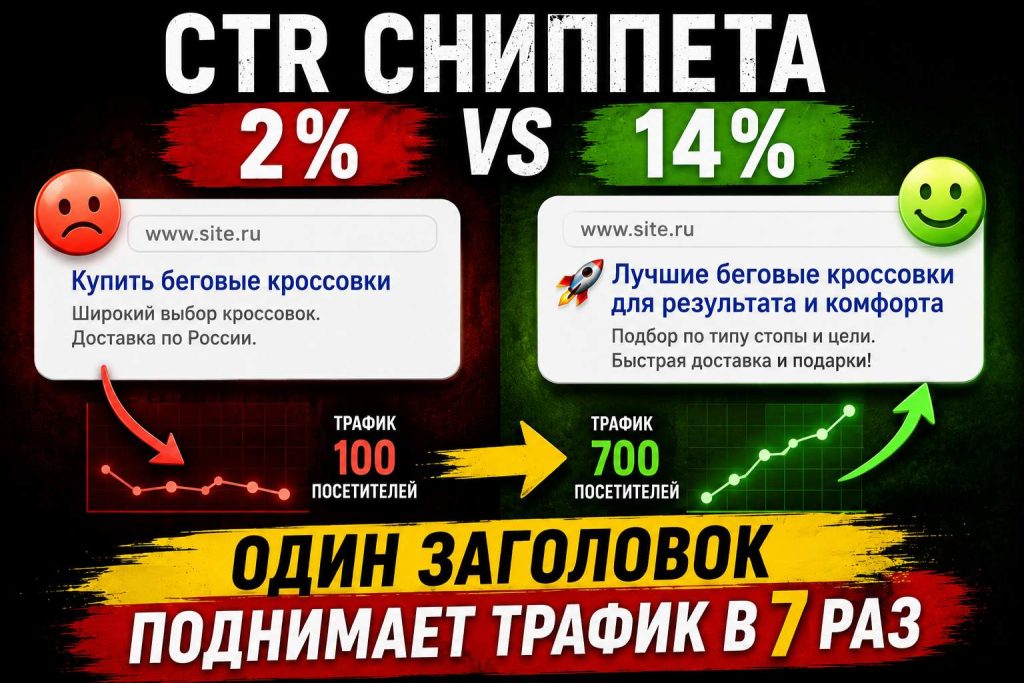 CTR сниппета 2% против 14%: один заголовок поднимает трафик в 7 раз