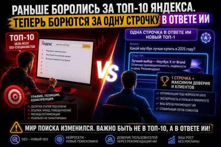 Раньше боролись за топ-10 Яндекса. Теперь борются за одну строчку в ответе ИИ