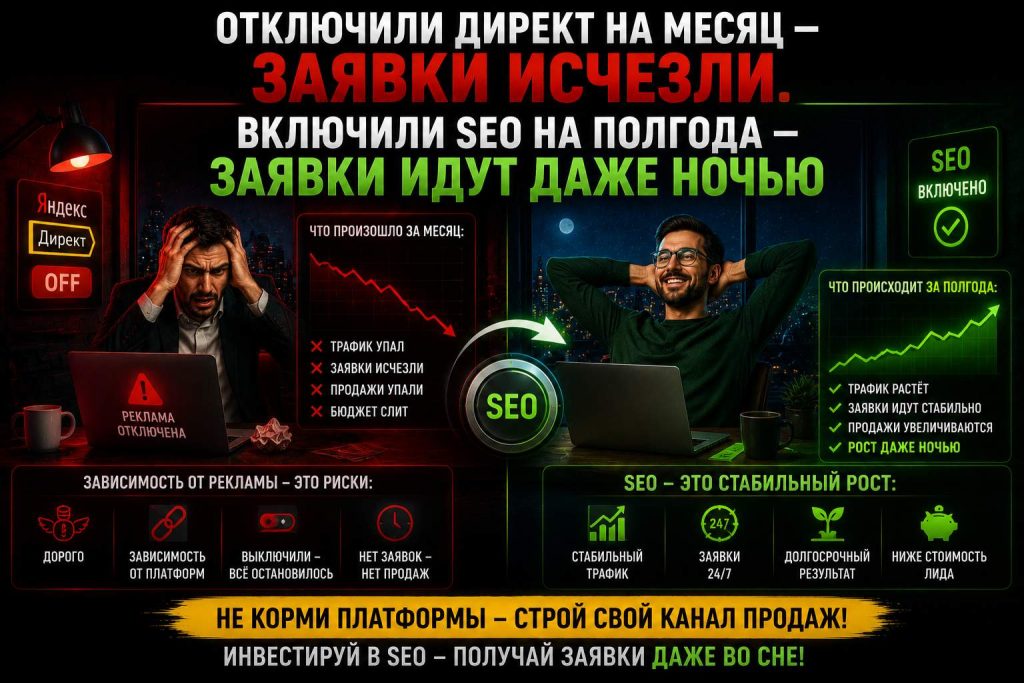 Отключили Директ на месяц — заявки исчезли. Включили SEO на полгода — заявки идут даже ночью