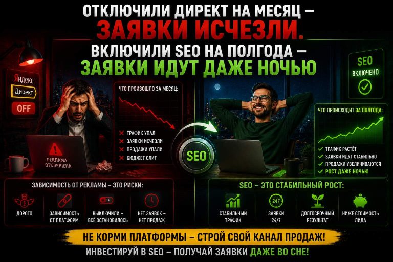 Отключили Директ на месяц — заявки исчезли. Включили SEO на полгода — заявки идут даже ночью