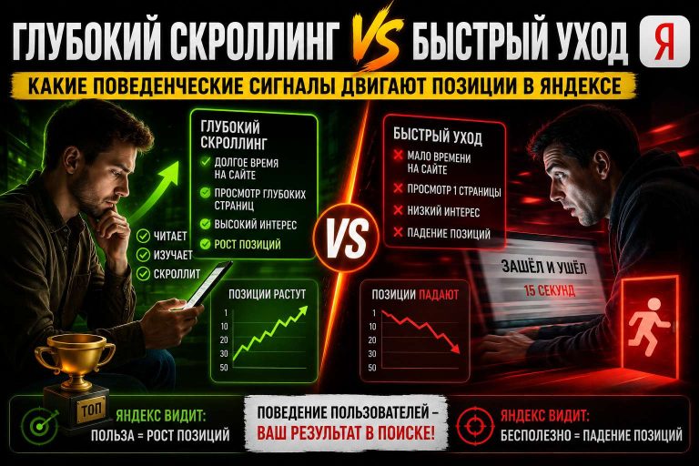 Глубокий скроллинг vs быстрый уход: какие поведенческие сигналы двигают позиции в Яндексе