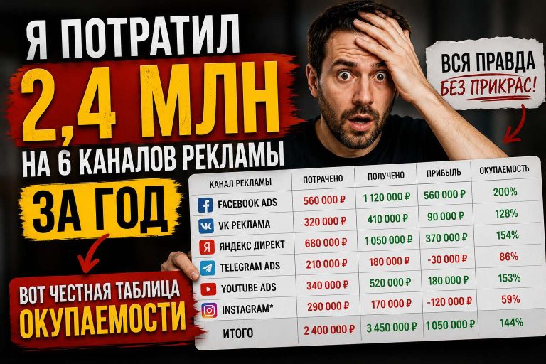 Я потратил 2,4 млн на 6 каналов рекламы за год. Вот честная таблица окупаемости