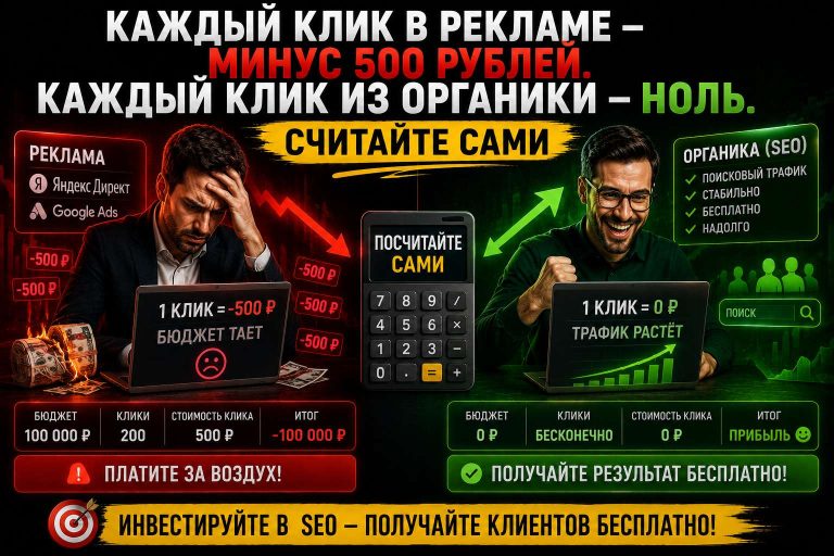 Каждый клик в рекламе — минус 500 рублей. Каждый клик из органики — ноль. Считайте сами