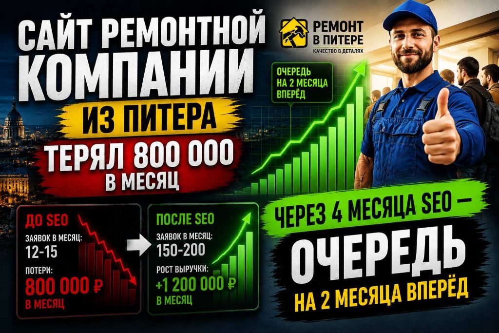 Сайт ремонтной компании из Питера терял 800 000 в месяц. Через 4 месяца SEO — очередь на 2 месяца вперёд