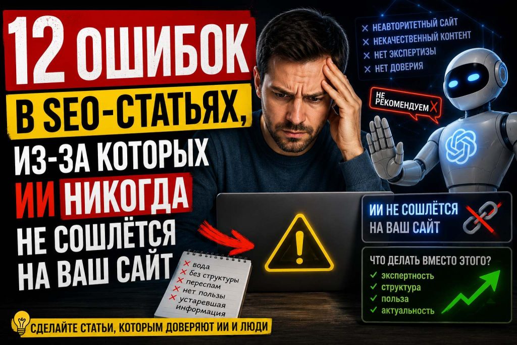 12 ошибок в SEO-статьях, из-за которых ИИ никогда не сошлётся на ваш сайт
