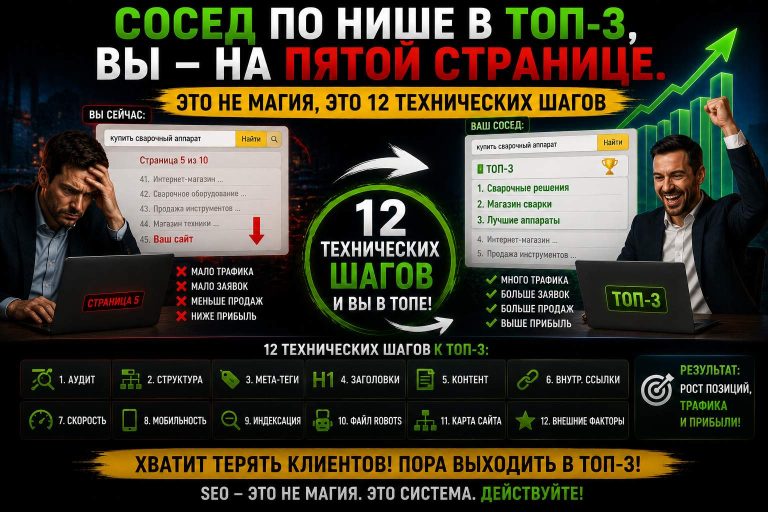 Сосед по нише в топ-3, вы — на пятой странице. Это не магия, это 12 технических шагов