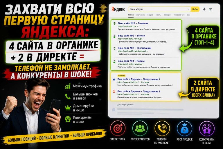Захвати всю первую страницу Яндекса: 4 сайта в органике + 2 в Директе = телефон не замолкает, а конкуренты в шоке