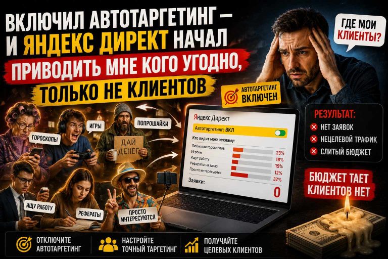 Включил автотаргетинг — и Яндекс Директ начал приводить мне кого угодно, только не клиентов