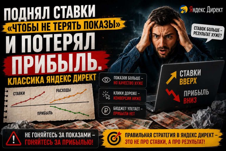 Поднял ставки «чтобы не терять показы» и потерял прибыль. Классика Яндекс Директ
