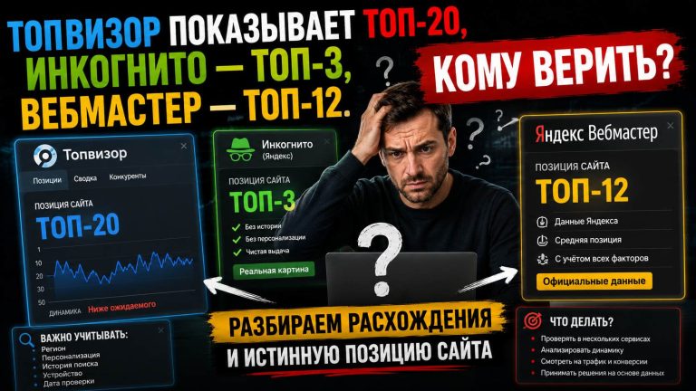 Топвизор показывает позицию ТОП-20, инкогнито — ТОП-3, Вебмастер — ТОП-12. Кому верить?
