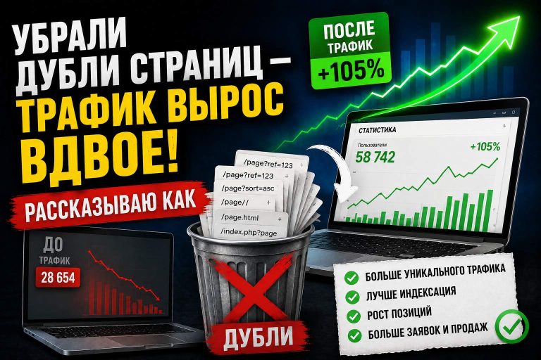 Убрали дубли страниц — трафик вырос вдвое. Рассказываю как