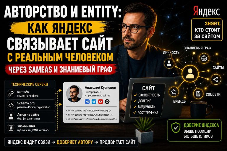 Авторство и entity: как Яндекс связывает сайт с реальным человеком через sameAs и знаниевый граф
