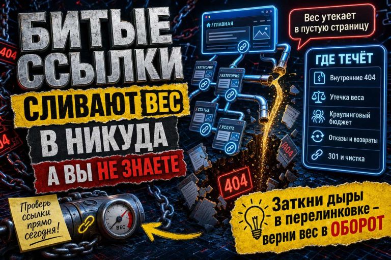 Битые ссылки внутри сайта сливают вес в никуда, а вы про них не знаете