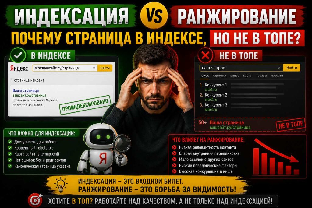 Индексация против ранжирования: почему страница в индексе, но не в топе