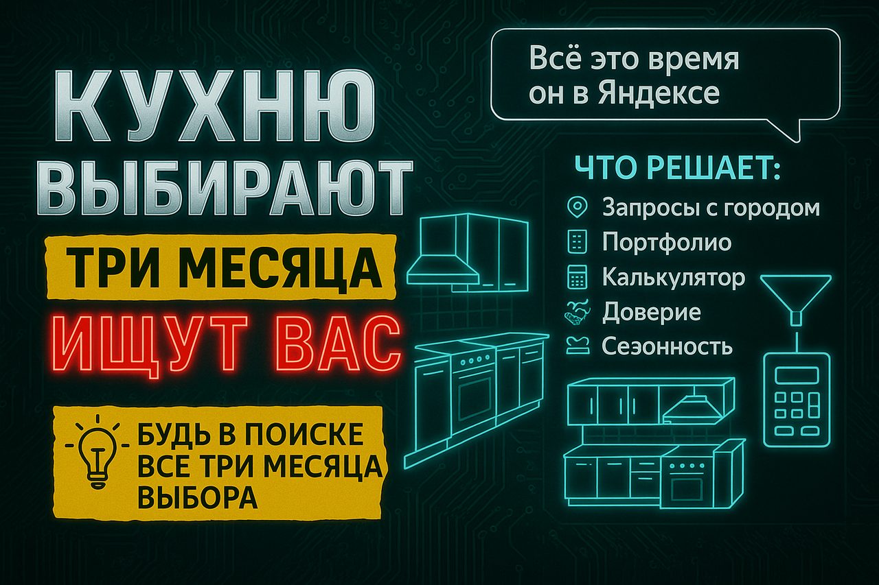 Клиент выбирает кухню на заказ три месяца. Всё это время он ищет вас в Яндексе — или ваших конкурентов