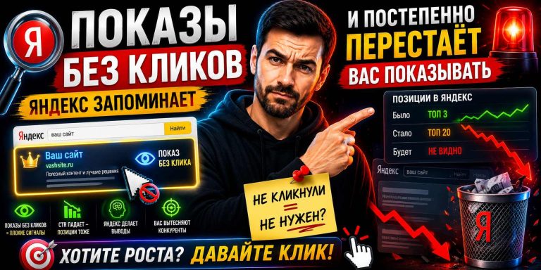 Показы без кликов Яндекс запоминает. И постепенно перестаёт вас показывать