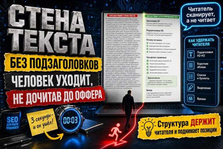 Стена текста без подзаголовков: почему человек уходит, не дочитав до вашего оффера