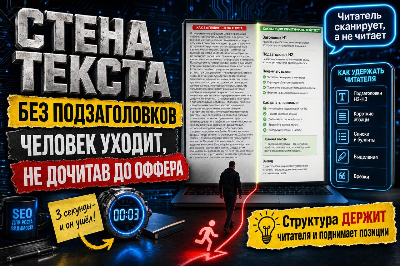 Стена текста без подзаголовков: почему человек уходит, не дочитав до вашего оффера