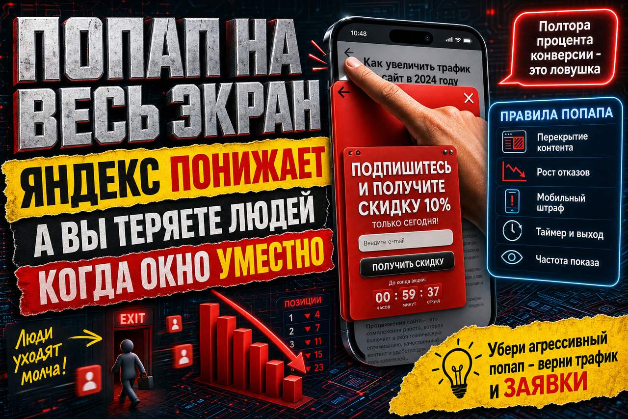 «Всплывающее окно на весь экран: Яндекс за него понижает, а вы теряете людей»