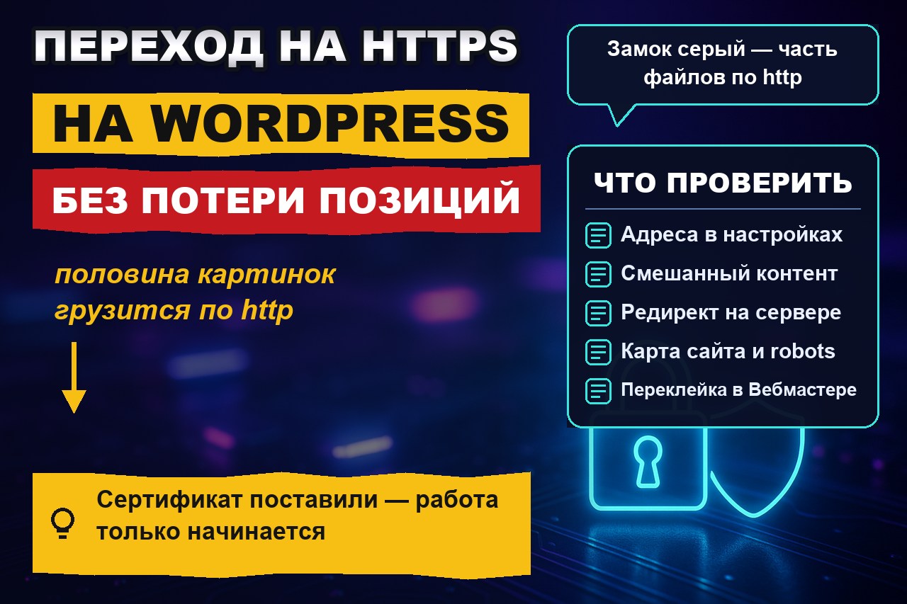 Переход WordPress на HTTPS: смешанный контент, редиректы и что проверить в Вебмастере