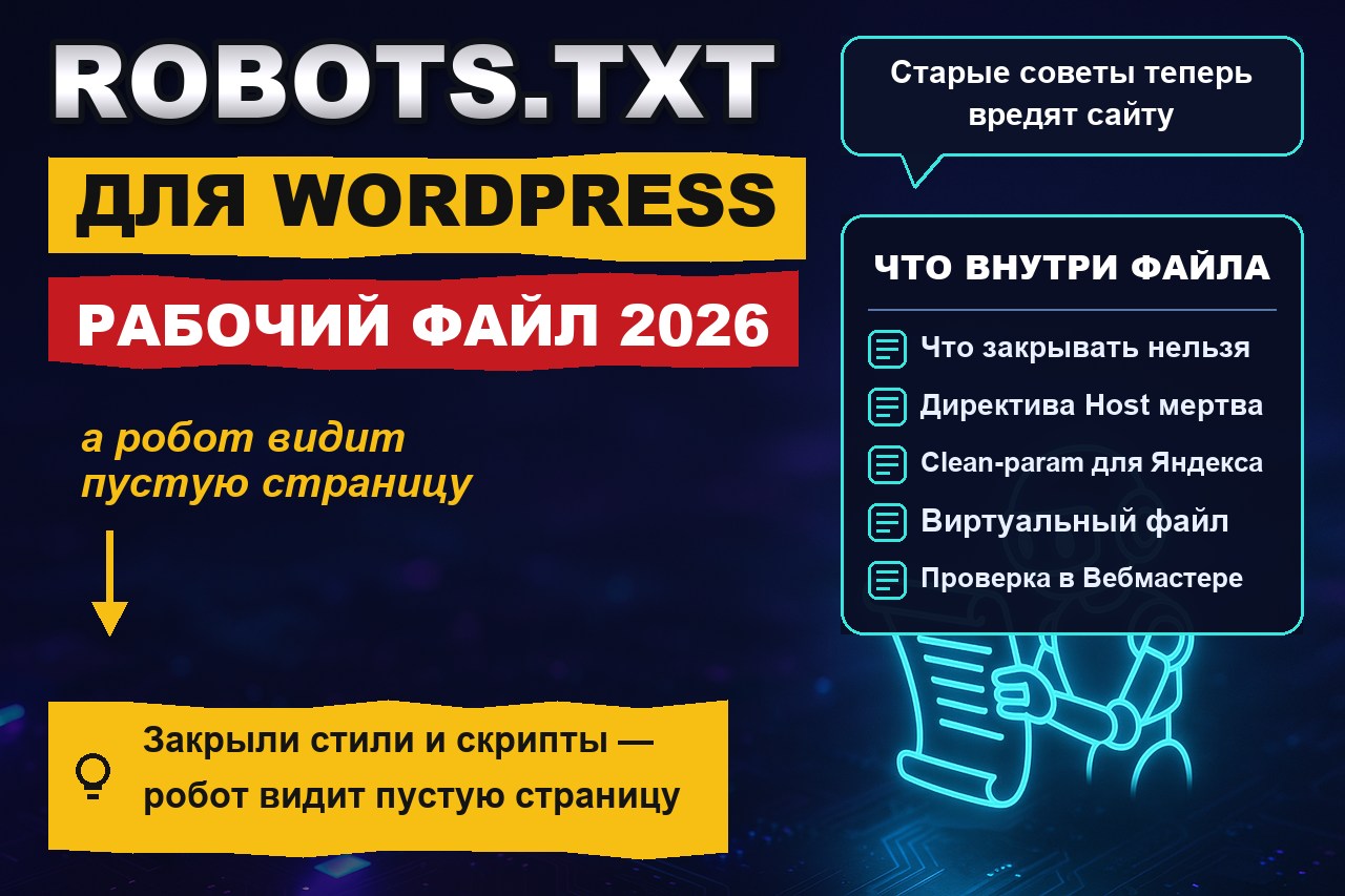 robots.txt для WordPress: рабочий файл 2026 года и что из старых советов уже вредит