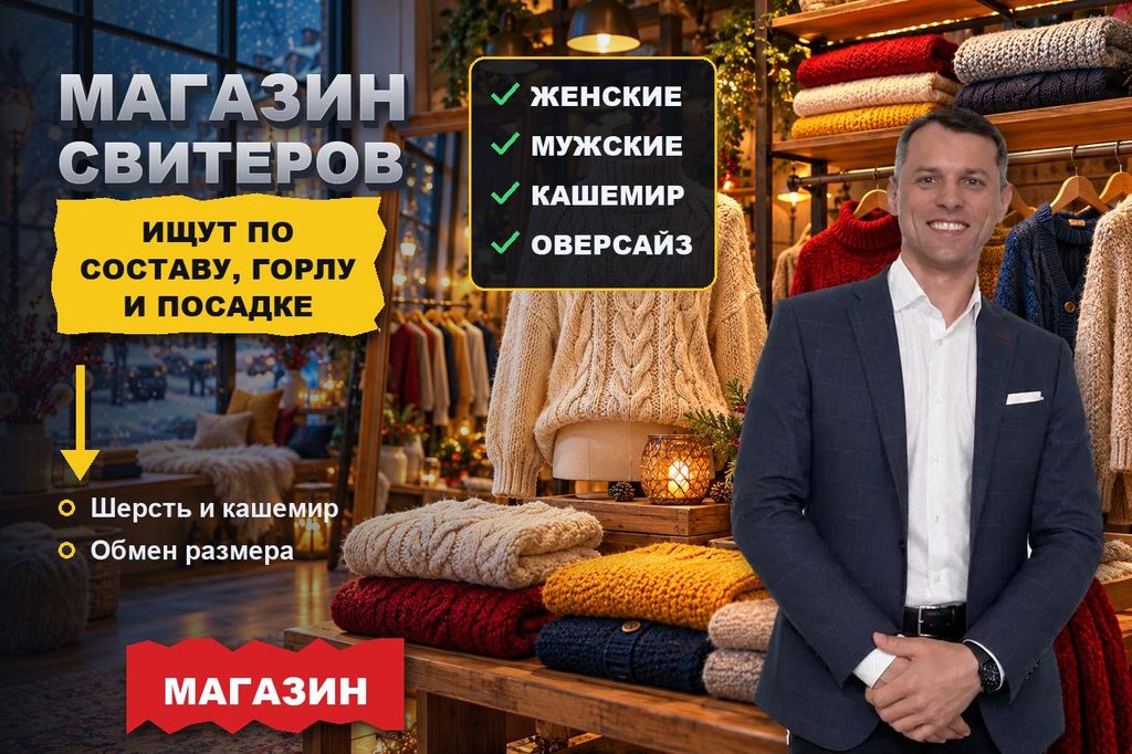 Продвижение сайта магазина свитеров: свитер ищут по составу, вороту и посадке, а боятся, что будет колоться