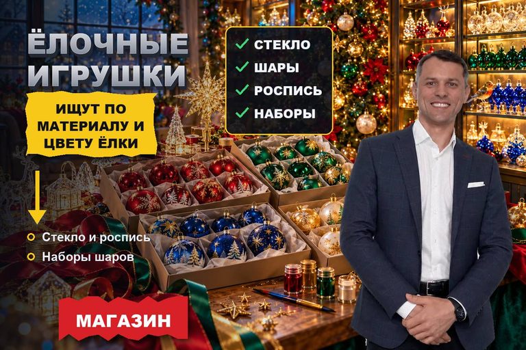Продвижение сайта магазина ёлочных игрушек: шары ищут по стеклу и цвету ёлки, а спрос живёт три месяца в году