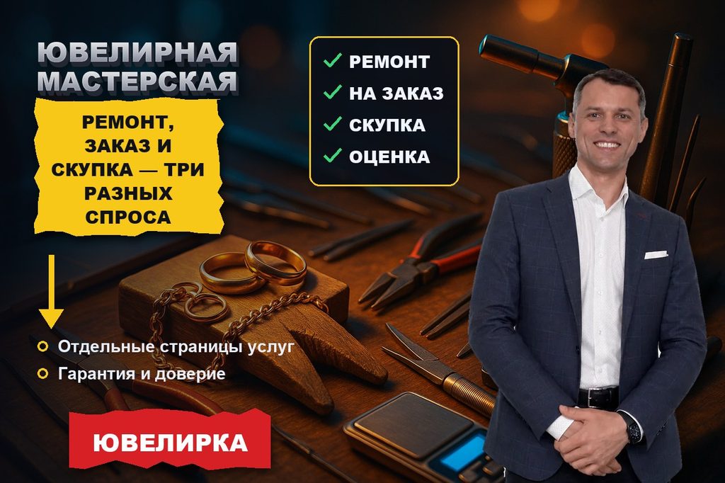 Продвижение сайта ювелирной мастерской: ремонт, изготовление и скупка — три разных спроса